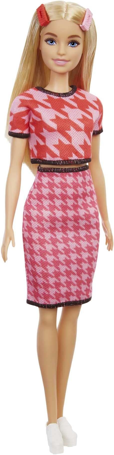 Barbie Fashionistas Doll #169 with Long Blonde Hair, Houndstooth Crop Top & Skirt & Accessories Including Platform Shoes & 2 Barrettes
