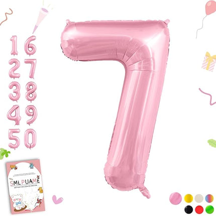 Smlpuame Pastel Pink 7 Balloons, 40 Inch Large Light Pink Foil Number Balloons 0-10, Self-Sealing 7th Birthday Balloon for Girls Women Anniversary Baby Shower Princess Party Decorations Supplies