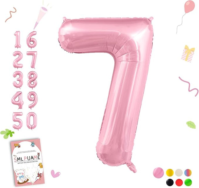 Smlpuame Pastel Pink 7 Balloons, 40 Inch Large Light Pink Foil Number Balloons 0-10, Self-Sealing 7th Birthday Balloon for Girls Women Anniversary Baby Shower Princess Party Decorations Supplies