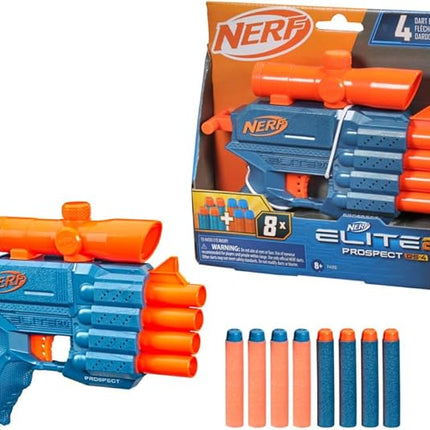 Nerf Elite 2.0 Prospect QS-4 Blaster, 8 Official Nerf Elite Darts, 4-Dart Blasting, Nonremovable Targeting Scope, Pull-Back Priming