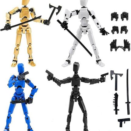 (Assembly Completed) T13 Action Figures Set Lucky Dummy Nova 13 Action Figure Robot Anime Stick Figures Fidget Toys for Boys Multi Movable Joints Gifts Toys for Kids (White+Black+Blue+Yellow)
