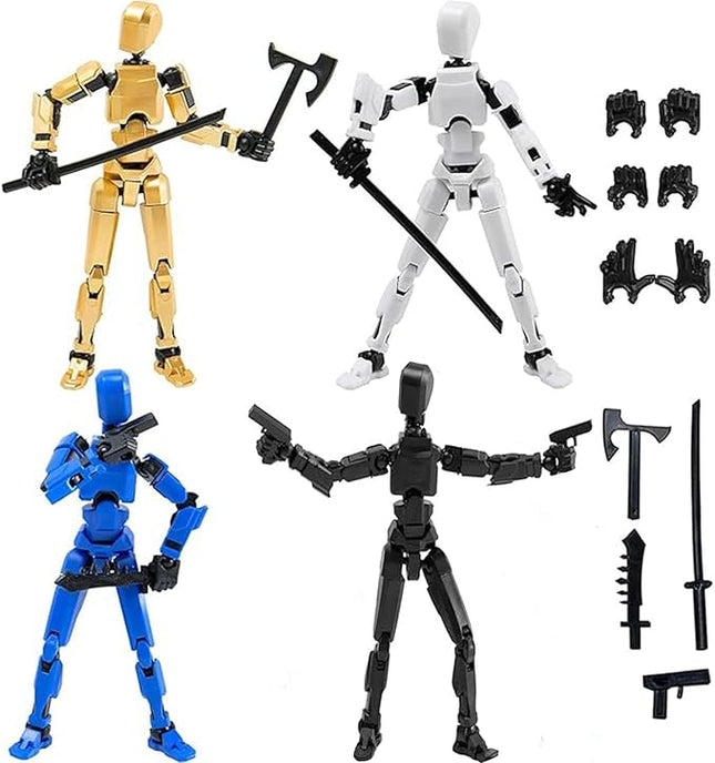 (Assembly Completed) T13 Action Figures Set Lucky Dummy Nova 13 Action Figure Robot Anime Stick Figures Fidget Toys for Boys Multi Movable Joints Gifts Toys for Kids (White+Black+Blue+Yellow)