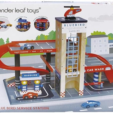 Tender Leaf Toys - Blue Bird Service Station - Classic Wooden Garage and Service Station for Cars and Helicopter with Ramps, Petrol Pumps and Car Wash Center - Imaginary and Roleplay for Children 3+