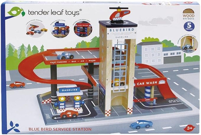 Tender Leaf Toys - Blue Bird Service Station - Classic Wooden Garage and Service Station for Cars and Helicopter with Ramps, Petrol Pumps and Car Wash Center - Imaginary and Roleplay for Children 3+
