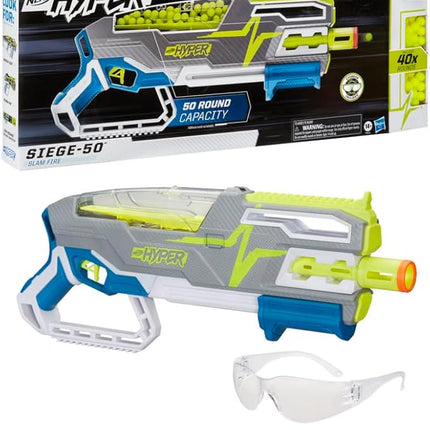 Nerf Hyper Siege-50 Pump-Action Blaster, 40 Hyper Rounds, Holds Up to 50 Rounds, Glasses, Up to 110 FPS Velocity, Easy Reload, Toy Foam Blasters