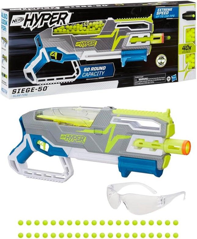 Nerf Hyper Siege-50 Pump-Action Blaster, 40 Hyper Rounds, Holds Up to 50 Rounds, Glasses, Up to 110 FPS Velocity, Easy Reload, Toy Foam Blasters