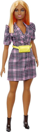 Barbie Fashionistas Doll #161, Curvy with Orange Hair, Pink Plaid Dress & Accessories Including Black Boots & Yellow Fanny Pack