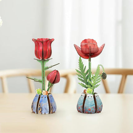 Jege 3D Flowers Wooden Puzzles for Adults,DIY Wooden 2 Flowers per Kit Building Set for Home Decor, Creative Craft Gift Toys Kits with 2 Perfume Bottles and Diffuser Sticks (Rose + Corn Poppy)
