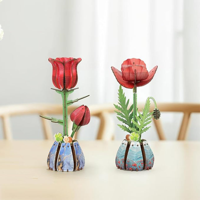 Jege 3D Flowers Wooden Puzzles for Adults,DIY Wooden 2 Flowers per Kit Building Set for Home Decor, Creative Craft Gift Toys Kits with 2 Perfume Bottles and Diffuser Sticks (Rose + Corn Poppy)