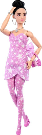 Barbie Deluxe Style Doll #11 in Pink Denim Star-Print Dress with Matching Tights, Black Hair in High Bun, Accessories Like Handbag and Jewelry