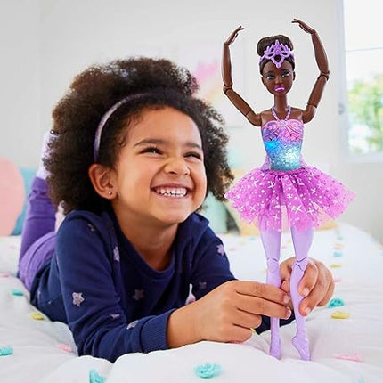 Barbie Dreamtopia Twinkle Lights Ballerina Doll with Brunette Hair & Light-Up Feature Wearing Removable Headband & Purple Tutu