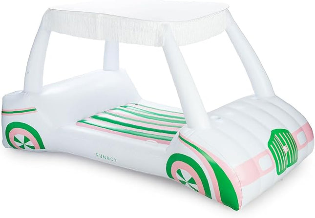FUNBOY Giant Inflatable Luxury Golf Cart Pool Float, Two Cup Holders, Removable Fringe Shade, Float for Summer Pool Party and Entertainment