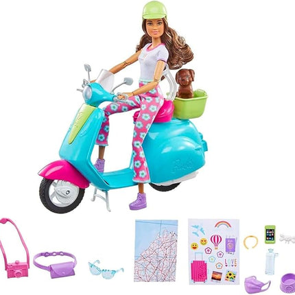 Barbie Fashionistas Doll and Scooter Travel Playset with Pet Puppy and Themed Accessories