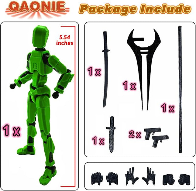 3D Printed 5.54-inch Multi-Jointed Action Figures Dummy13, Full Body Mechanical Movable Toy, Multiple Accessories, Hand Painted Figure, Desk Decoration, Creative Gifts (Green)