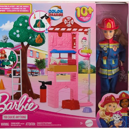 Barbie Careers Firefighter Doll & Playset with Fire Station & Tree, 2 Pets, Color-Change & 10+ Accessories Including Fire Extinguisher Squirt Toy