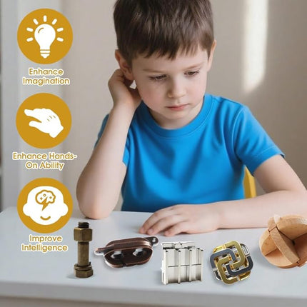 8PCS Brain Teaser Puzzles for Adults, Mind Puzzle Ancient Wooden and Metal Puzzles 3D Unlock Interlock IQ Education Puzzle Box Game for Adults