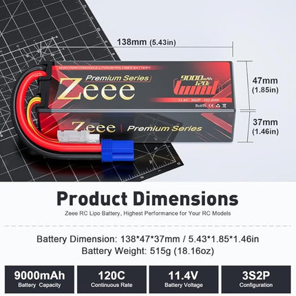 Zeee Premium Series 3S Lipo Battery 9000mAh 11.4V High Voltage Hard Case Battery 120C EC5 Connector HV-Lipo for RC Vehicles RC Car Truck Tank Racing Hobby Models (2 Pack)