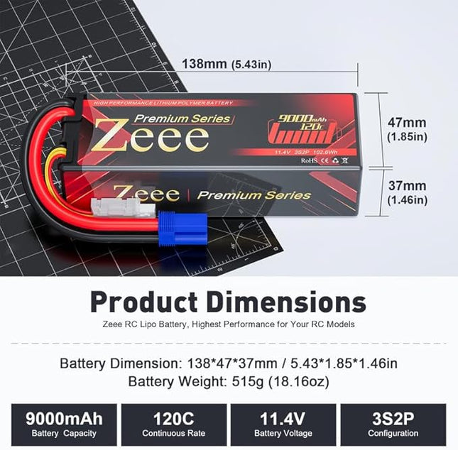 Zeee Premium Series 3S Lipo Battery 9000mAh 11.4V High Voltage Hard Case Battery 120C EC5 Connector HV-Lipo for RC Vehicles RC Car Truck Tank Racing Hobby Models (2 Pack)