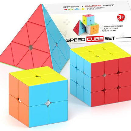 Vdealen Speed Cube Set, 2x2x2 3x3x3 Pyramid Magic Cube Set, Puzzle Cube Toys Birthday Party Christmas Stocking Stuffers Gift for Kids Teens Adults(Stickerless)