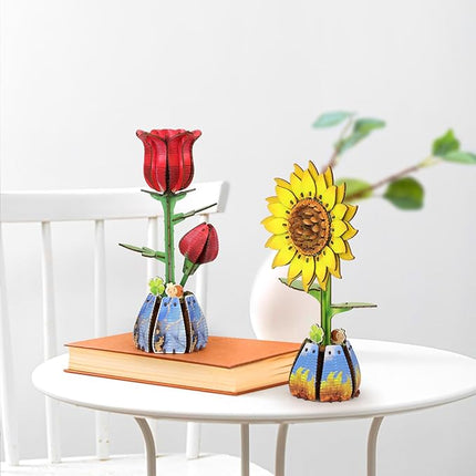 Jege 3D Flowers Wooden Puzzles for Adults,DIY Wooden 2 Flowers per Kit Building Model Set for Home Decor,Ideal Creative Craft Gift Build Kits Toys with 2 Perfume Bottles (Rose + Sun Flower)