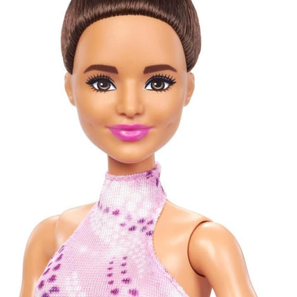 Barbie Careers Fashion Doll & Accessories, Brunette Ice Skater in Removable Pink Outfit with Ice Skates & Trophy