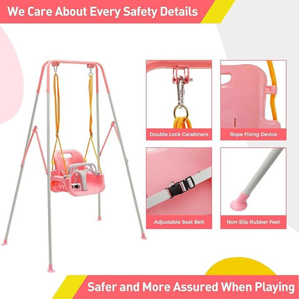 FUNLIO Toddler Swing with Foldable Metal Stand for Toddlers Aged 1~10 Years, 3-in-1 Baby Swing Set with 4 Sandbags for Backyard/Indoor/Outdoor Play, Easy to Assemble & Store, Pink
