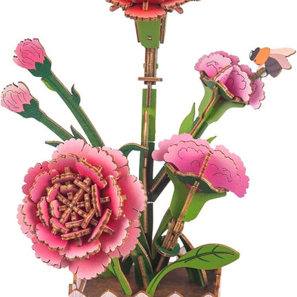 3D Wooden Flower Puzzles for Adults Carnation, DIY Artificial Flower Building Set Wooden Bloom Craft Kits Home Decoration, for Women Mom Birthday Thanksgiving Christmas Valentine's Day