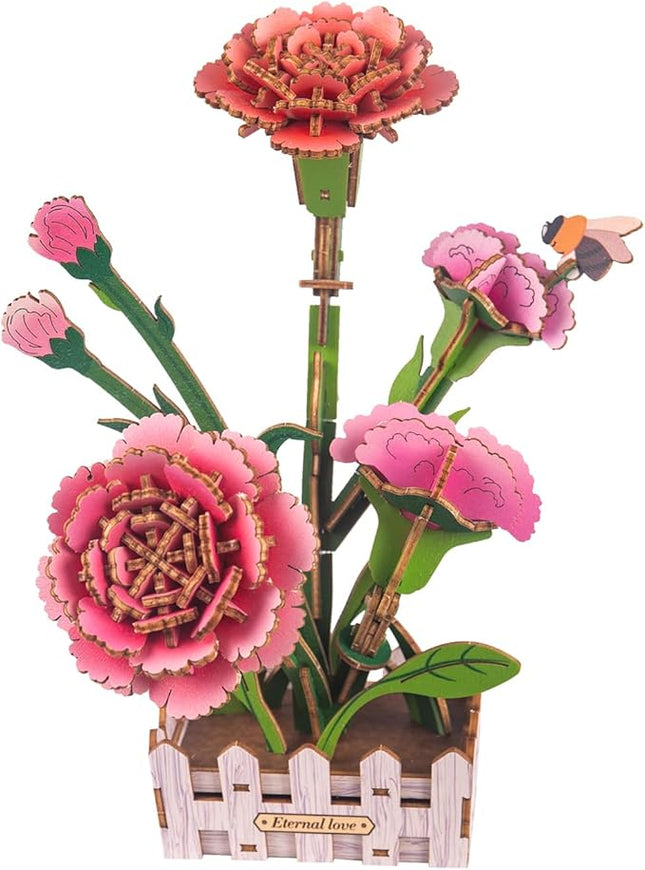 3D Wooden Flower Puzzles for Adults Carnation, DIY Artificial Flower Building Set Wooden Bloom Craft Kits Home Decoration, for Women Mom Birthday Thanksgiving Christmas Valentine's Day