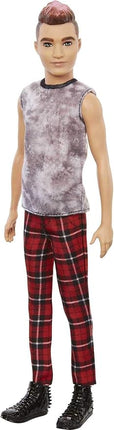 Barbie Ken Fashionistas Doll #176 with Sculpted Brunette Ombre-Tipped Hair Wearing a Sleeveless Tie-dye Shirt, Red Plaid Pants & Black Boots, Toy for Kids 3 to 8 Years Old