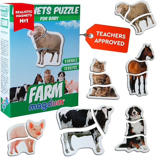 Farm Magnetic Puzzles for Kids – 6 Big Magnetic Animals for Baby - Realistic Toddler Magnet for Refrigerator - Travel Games – Real Farm Magnets for Fridge - Learning Toy Set - Baby Educational Gift