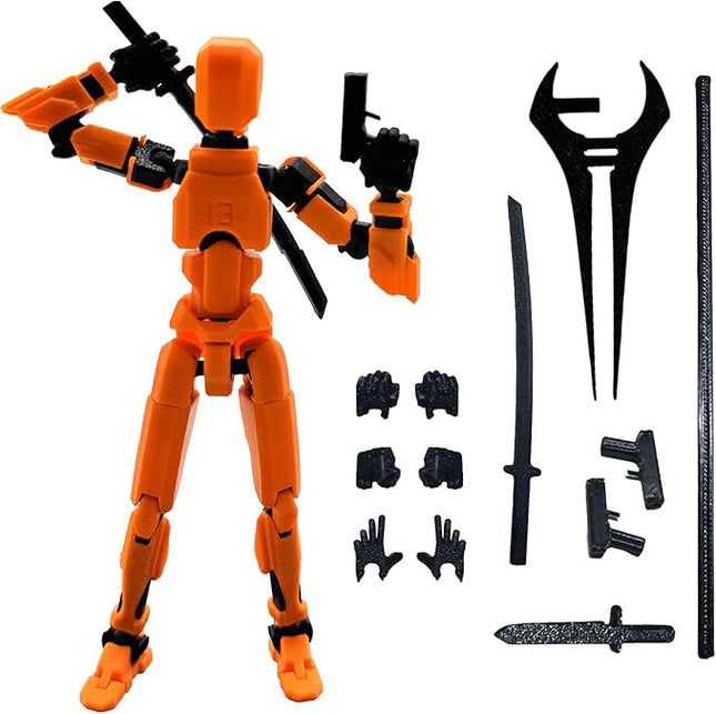 3D Printed 5.54-inch Multi-Jointed Action Figures Dummy13, Full Body Mechanical Movable Toy, Multiple Accessories, Hand Painted Figure, Desk Decoration, Creative Gifts (Orange)