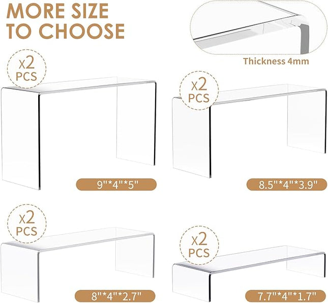 Anglelife 8 Pieces Large Display Risers, 4" Wide Clear Rectangular Tabletop Shelf for Showcase Collectibles, Acrylic Stand for Retail Desktop Jewelry Funko Pop Figures