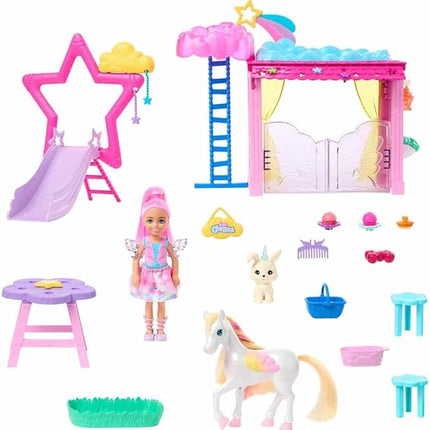 Barbie A Touch of Magic Chelsea Small Doll & Pegasus Playset with Stable, Slide, Pet Bunny 10+ Accessories, Color-Change Winged Horse Toy
