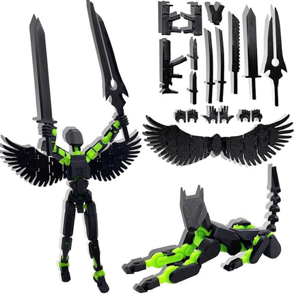 T13 Action Figures Set (Assembly Completed) Dummy 13 Titan 13 Robot Action Figure 3D Printed Robo Multi-Jointed Movable Action Figure Toy with Full Articulation (Black Green Figure + Dog)