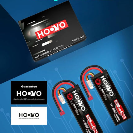HOOVO 2S Lipo Battery,7.4V 6200mAh 100C LiPo Battery RC Pack Hard Case with T Plug Compatible with RC Buggy Vehicles Car Boat Truck, 2 Pack