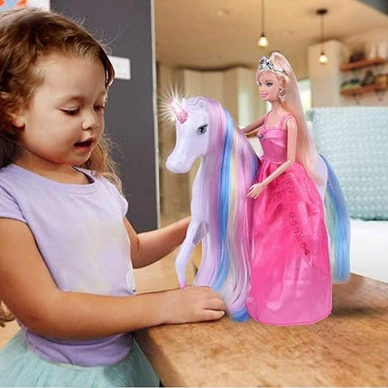 White Unicorn with Magic Light Horn and Fairy Tale Princess Doll 11.5“, W/Comb and Crystal Crown, Girls' Unicorn Doll Toys Gifts, Presents for Girl Kids Aged 3+