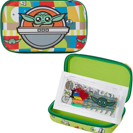 Innovative Designs Star Wars Baby Yoda Mandalorian Pencil Case Set with Stickers and Gel Pens for Kids, Molded with Zip Closure, Green