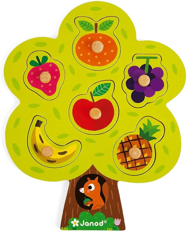 Janod 6Piece Fruit Tree Puzzle Themed Wooden Peg Colorful Jigsaw Puzzle - Encourages Shape Recognition, Dexterity, & Language Development - Preschool Kids & Toddlers 18 Months+