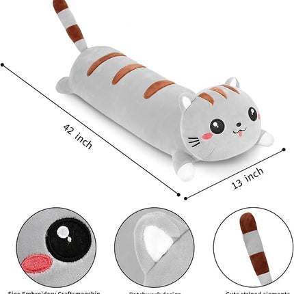 AFAN Long Cat Plush Cute Cat Body Pillows Kawaii Stuffed Animals Plushies Soft Cuddly Cotton Plush Toys Room Decor Gifts for Kids Girls Boys Adults (Grey, 42 Inch)