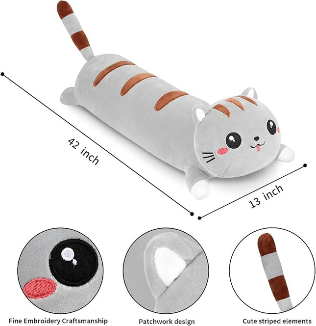 AFAN Long Cat Plush Cute Cat Body Pillows Kawaii Stuffed Animals Plushies Soft Cuddly Cotton Plush Toys Room Decor Gifts for Kids Girls Boys Adults (Grey, 42 Inch)