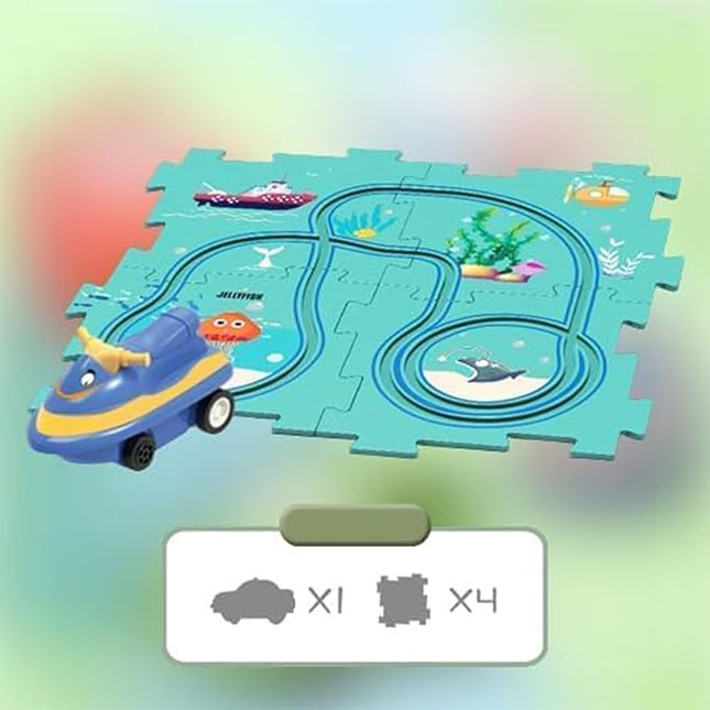 Toddler Construction Plate Set, Puzzle Racer Kids Car Track Set, Slot Car Race Track Sets, Learning Toy for Ages 3-5, 4 Themes (Dinosaur/Space/Ocean/Land) Creativity Development (5PCS, Ocean)