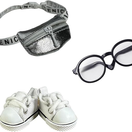 3pcs Doll Accessories Set Included Mini Glasses, Shoulder Bag and Canvas Shoes, Dress Up Accessories Replacement for 17cm Doll, Mini Costume Supplies for 6.7in Figures (Set of Sliver)