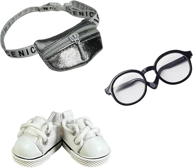 3pcs Doll Accessories Set Included Mini Glasses, Shoulder Bag and Canvas Shoes, Dress Up Accessories Replacement for 17cm Doll, Mini Costume Supplies for 6.7in Figures (Set of Sliver)