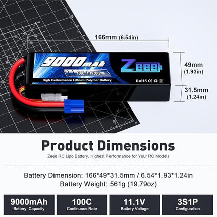 Zeee 3S 9000mAh Lipo Battery 11.1V 100C EC5 Connector with Metal Plates Soft Case RC Battery for RC Car Truck Tank Racing Hobby Models (2 Pack)