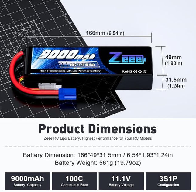 Zeee 3S 9000mAh Lipo Battery 11.1V 100C EC5 Connector with Metal Plates Soft Case RC Battery for RC Car Truck Tank Racing Hobby Models (2 Pack)