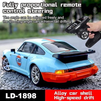 LDRC 1898 1:18 RC Drift Car 911 2.4GHz RWD with Gyroscope on-Road Alloy Body Shell Racing Cars Radio Control (Blue)