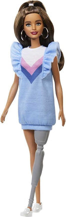 Barbie Fashionistas Doll #121 with Brown Hair & Prosthetic Leg Wearing Blue Sweater Dress & Accessories Including Shoes & Hoop Earrings