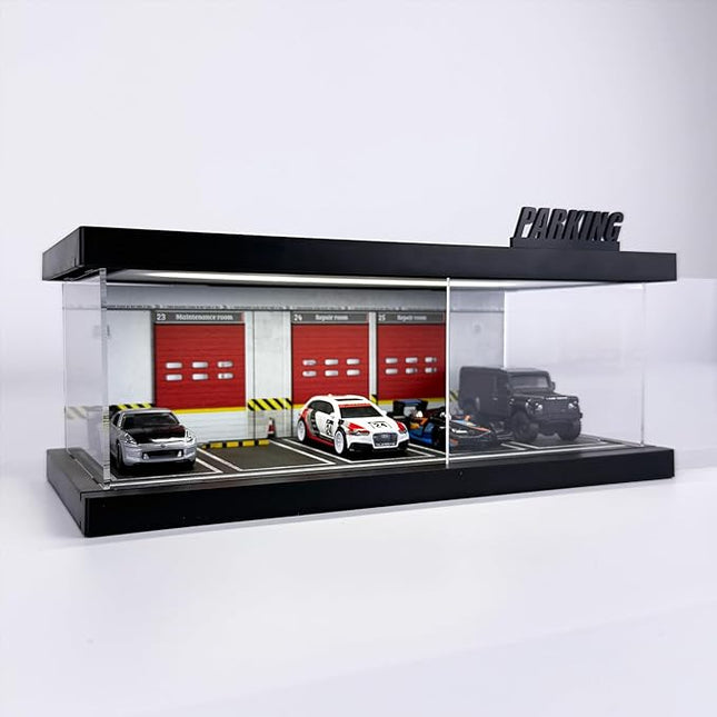 1/64 Model Car Display Case - Compatible with Hot Wheels Matchbox Mini GT Diecast Cars,Acrylic Box for Toy Cars Display Décor and Storage,Stackable Garage Diorama with LED Lights(1T-FormulaRe)