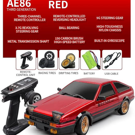 1:18 AE86 Model LD1801 RC Drift Car 1/18 2.4G Remote Control on Road ESP Gyroscope LED Mini RC Racing Cars (Red)