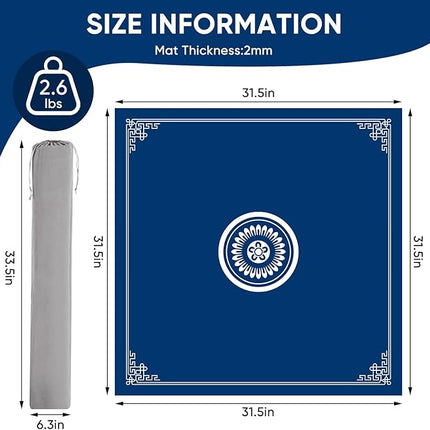 Mahjong Mat with Gray Carrying Bag - Anti Slip and Noise Reduction Gaming Mat for Mahjong, Poker, Board Games, Card Games, Dominoes(Blue, 31.5"x31.5")